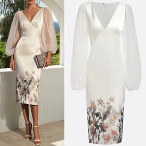 FEHAUTE US10 White Bridal Dress | Sheer Sleeves, Floral Hem, NWT